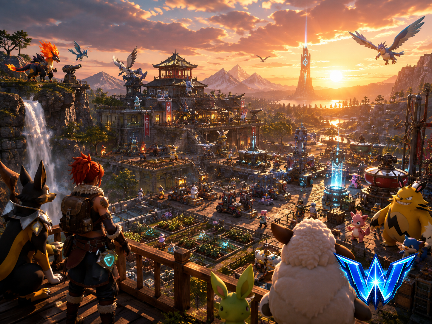 Vue d'ensemble d'une base de guilde Wak'World au coucher du soleil